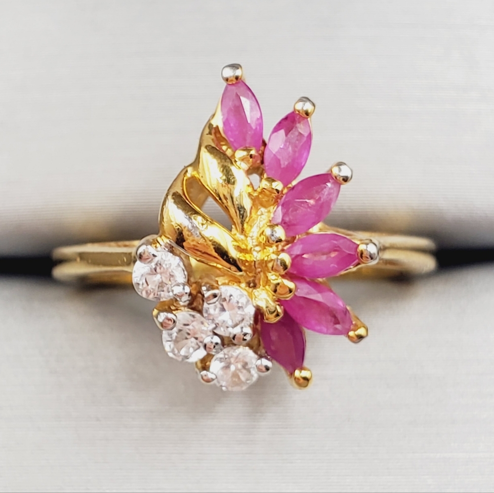Genuine Marquise Pink Ruby - Simulated Diamonds - 18k Yellow Gold Plated Ring